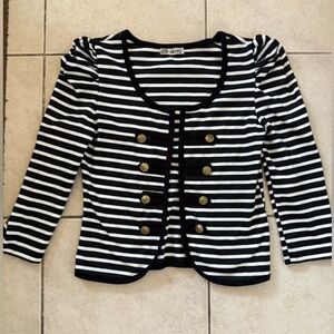 Black+ White Striped Cropped Nautical Jacket with Scoop Neck + Shoulder Detail